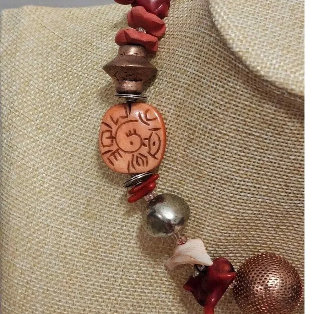 Treska Women Chunky Mixed Media Statement Necklace Red Orange Boho Sun Shell New